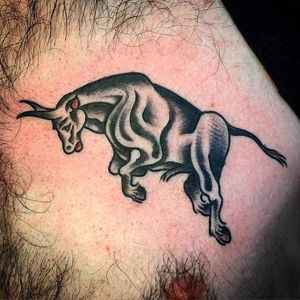 Beautiful classic bull jump tattoo by Blake Meeks #BlakeMeeks #bulltattoo #blackwork