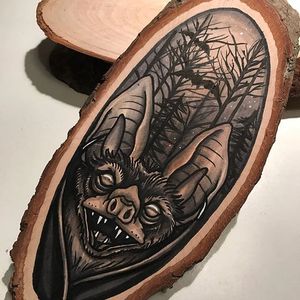 Bat by Kirsten Roodbergen (via IG-inkspired) #woodslices #woodenhands #tattooinspired #flashart #artshare #fineartist #KirstenRoodbergen