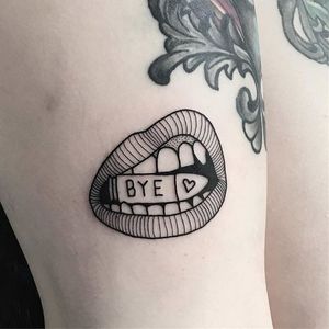 Bite the bullet tattoo by Emily Alice Johnston. #EmilyAliceJohnston #blackwork #lips #bye #feminist #grlpwr #riotgrrrl #woman #equality #feminism