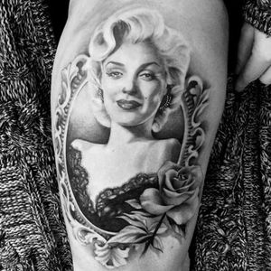 Marilyn Monroe tattoo by Karlee Sabrina. #realism #portrait #blackandgrey #frame #rose #MarilynMonroe #KarleeSabrina