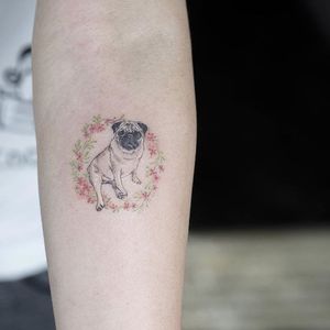 A very flowery little Pug by Sol Tattoo (IG—soltattoo). #adorable #micropuppies #minature #realism #SolTattoo