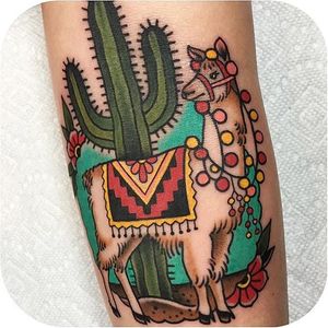 Decorated llama by Becca Genné-Bacon. #traditional #decorative #llama #cactus #BeccaGenneBacon