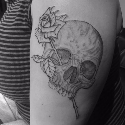Til' death do us part by Scott Campbell #scottcampbell #linework #blackwork #blackandgrey #skull #death #rose #leaves #bones #thorns #tattoooftheday