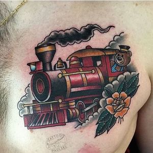 Locomotive Tattoo by Tattoo Paulski #locomotive #locomotivetattoo #traintattoo #train #traditionallocomotive #traditionaltrain #oldschooltrain #oldschool #traditional #TattooPaulski