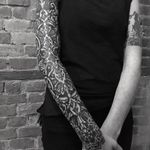 This sleeve by Nathan Mould is captivating in their geometric complexity. #blackandgrey #geometric #NathanMould #ornamental #sleeve #stippled