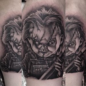 Chucky's still as terrifying in black and grey. Tattoo by Paul Priestley. #Chucky #ChildsPlay #horror #doll #realism #blackandgrey #PaulPriestley