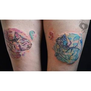 Soft pastel watercolor cat tattoos by Nancy Tattooer. #watercolor #NancyTattooer #pastel #cute #cat #splatter