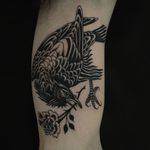 Tattoo by Franco Maldonado #FrancoMaldonado #blackandgrey #illustrative #newtraditional #darkart #surreal #crow #bird #feathers #wings #rose #rosebud #leaves #nature #linework