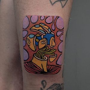 Surreal tattoo by Eugene aka dustypast #Eugene #Dustypast #cooltattoos #color #surreal #woodblock #portrait #face #man #robot #alien #shapes #abstract #strange