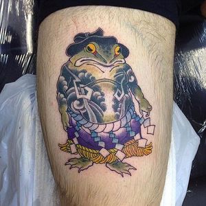 Sick looking tattooed sumo frog done by Horimatsu. #Horimatsu #JapaneseStyle #JapaneseTattoo #horimono #frog #tattooedfrog #sumo