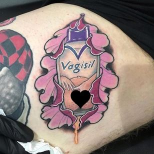 Tatuajes divertidos: Vagisil tattoo by Ryan Parsons #RyanParsons #funny tattoos #color #neutraditional #vagisil #flower #bottle #hands # egoishness