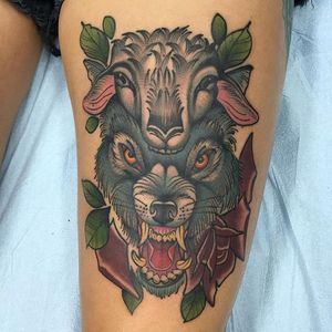 Wolf In Sheep's Clothing Tattoo, artist unknown #wolfinsheepsclothing #wolf #sheep #traditional