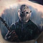 Epic backpiece and first tattoo for this guy by @paulackertattoo #PaulAcker #horror #jasonvoorhees #fridaythe13th #scary