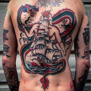 Poseidon Tattoo by Joe Tartarotti #poseidon #traditional #traditionalartist #oldschool #vinatge #classic #Italianartist #JoeTartarotti