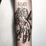 Stabbed Hand Tattoo by Massimo Gurnari #dagger #stabbingdagger #hand #blackwork #illustrative #darkart #etching #linework #MassimoGurnari