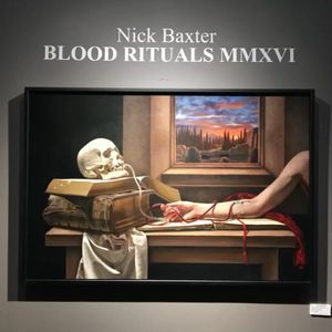 Nick Baxter's painting "Pull Me Through Time" from Blood Rituals MMXVI at Sacred Tattoo (IG—burningxhope). Photo by KD Diamond. #artshow #BloodRituals #fineare #gallery #NickBaxter #paintings #RitualMagic #SacredTattooNYC