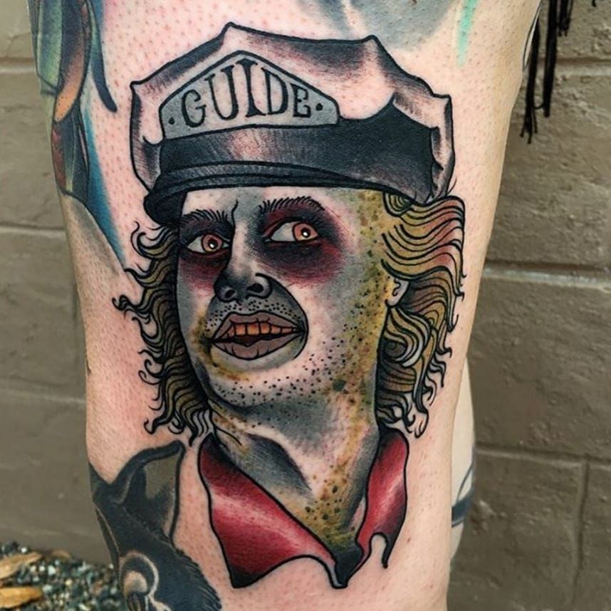Beetlejuice and Traditional Flower on my left knee by Trevor Powers at  Marion Street Tattoo in Denver CO  rtattoos