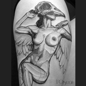 Contemporary tattoo by L'oiseau #Loiseau #contemporary #graphic #sketch #monochromatic #monochrome #bird #nude