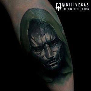 Doctor Doom Tattoo by Bili Vegas #DoctorDoom #VillainTattoo #MarvelTattoo #FantasticFour #ComicTattoos #BiliVegas
