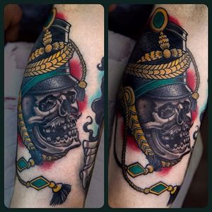 Shako Skull Tattoo by Rakov Serj #NeoTraditional #NeoTraditionalTattoos #RussianTattoo #ModernTattoos #ExcitingTattoos #skull #hat #RakovSerj