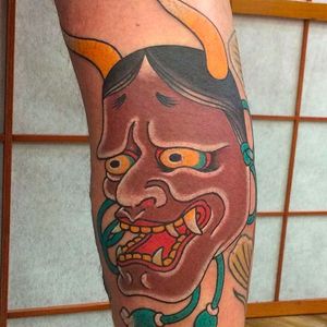 Hannya mask, clean and solid tattoo by David Ramirez. #DavidRamirez #hannya #JapaneseTattoo #japanese #Japanesestyle
