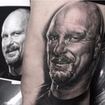 The trademark Stone Cold smirk. Black and grey portrait tattoo by Matt Jordan. #SteveAustin #StoneCold #StoneColdSteveAustin #wrestling #WWF #WWE #MattJordan #realism #portrait #blackandgrey