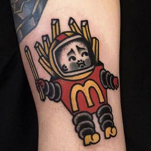 This space baby loves McDonald's. By Woo Tattooer (via IG -- tastytattoos) #wootattooer #mcdonalds #mcdonaldstattoo