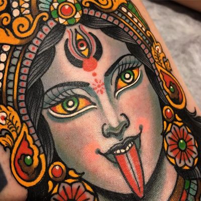 The Goddess Kali by Xam the Spaniard #XamtheSpaniard #xam #traditional #neotraditional #mashup #Kali #color #Hindu #thirdeye #portrait #lady #flowers #jewelry #crown #tattoooftheday