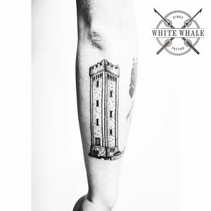 Architecture tattoo done at White Whale Tattoo. #linework #architecture #tower #architecturetattoo #blackwork #WhiteWhaleTattoo
