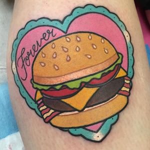 Burger by Shell Valentine (via IG-shell_valentine_tattoo) #kawaii #girly #colorful #traditional #food #ShellValentine