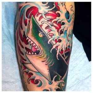 Rad shark tattoo done by Jason Brooks. #JasonBrooks #GreatWaveTattoo #boldtattoos #TraditionalTattoo #shark #waves