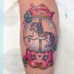 Carousel in a snow globe tattoo by Carly Kroll. #CarlyKroll #girly #pinkwork #cute #neotraditional #popculture #kawaii #snowglobe #carousel #neotraditional