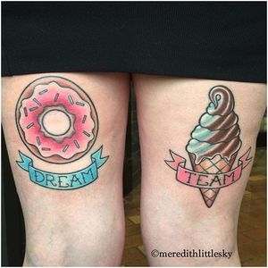 Donut and ice cream tattoos by Meredith Little Sky. #food #foodtattoo #donut #icecream #banner #lettering #traditional #MeredithLittleSky