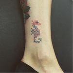 Cross-stitch seahorse tattoo by Mariette #Mariette #crossstitch #seahorse #blueink #redink