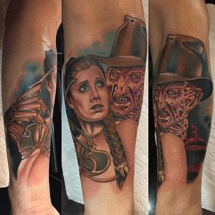 Tatuaje de Freddy Krueger y la princesa Leia por Paul Marino