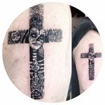 Sugar skull cross tattoo by David Poe. #sugarskull #dayofthedead #skull #cross