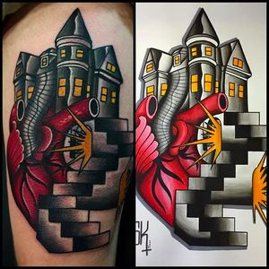 Super cool tattoo composition and solid work by Shane Klos. #shaneklos #neotraditional #illustrative #revolutioninkstudio #heart #house #homeiswheretheheartis