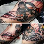 Chainsaw Tattoo by Tony Mulkes #Chainsaw #ChainsawTattoo #ChainsawTattoos #CoolTattoos #TraditonalTattoo #GapFiller #TonyMulkes