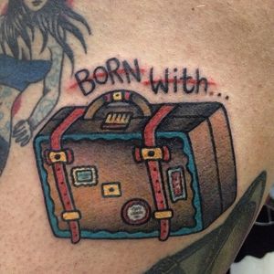 Suitcase Tattoo by Sonia Tattoo Lady #suitcase #wanderlust #traveltattoos #traditional #SoniaTattooLady
