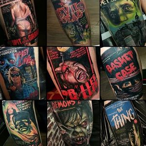 A collage of many of the movie poster tattoos that Alex Wright (IG—thealexwright) has produced. #AlexWright #awesome #cultclassics #color #movieposters #realism