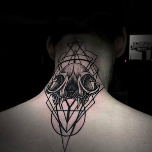 Beautiful Black Geometry Tattoo on the back of neck by Otheser @Otheser_stc #Otheser #SakeTattooCrew #Athens #Black #Geometry #Geometric #Dotwork #Animal #Skull