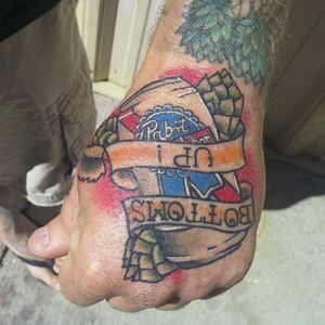 PBR hand tattoo by John Gray (via IG --  jonnygraves13) #johngray #pabst #pabsttattoo #pbr #pbrtattoo