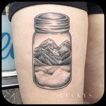 Mountain Jar Tattoo by Patrick Macdonald #jar #jartattoo #jartattoos #creativetattoo #inspiration #inspiringtattoos #PatrickMacdonald