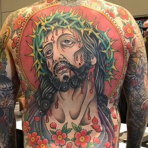 For the love of Christ by Matt Arriola #MattArriola #traditional #color #backpiece #religious #Jesus #JesusChrist #crownofthorns #crown #thorns #blood #tears #cherryblossoms #pattern #tattoooftheday