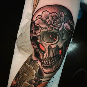 Insane skull tattoo done by Jacob Gardner. #jacobgardner #neotraditional #skull