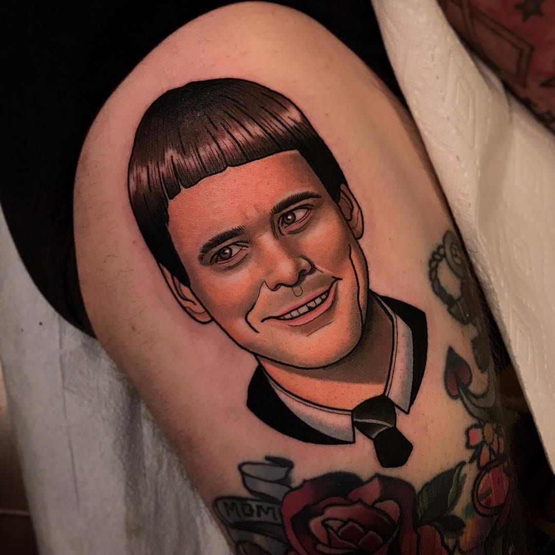 Dumb and dumber movie tattoo  Finished this Dumb and Dumber movie  inspired piece Fresh No filters   Dm for appointment information    By artbybreab  Facebook