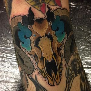 Animal skull tattoo by Robert Oldfield, photo from Instagram @racotattoo #RobertOldfield #skull #neotraditional #animalskull