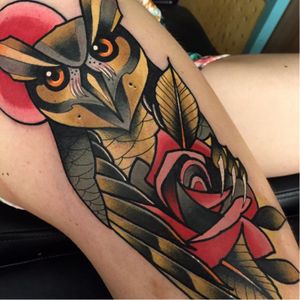 Pretty owl tattoo by Leah Tattooer #LeahTattooer #neotraditional #owl #rose