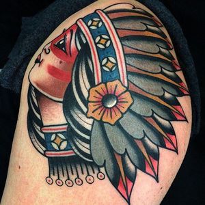 Clean and beautiful native girl head, tattoo by Giacomo Fiammenghi. #giacomofiammenghi #girlhead #nativegirl #traditionaltattoo #coloredtattoo #brightandbold