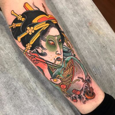 For the love of ramen by Stu Pagdin #StuPagdin #Japanese #geisha #color #ramen #noodles #Foodtoo #egg #chopsticks #waves #tattoooftheday